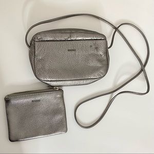 BAGGU Metallic Silver Leather Mini Bag Crossbody and coin purse like new